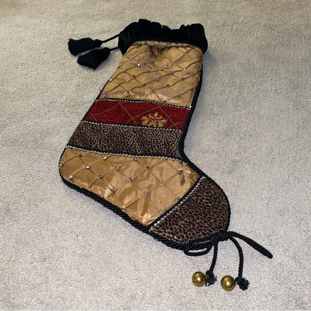 Villa Bacci Deep Red Gold‎ Black Tapestry Christmas Stocking Tassels Rhinestones